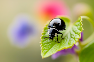 coccinelle-noire-feuille-verte-fleurs-floues