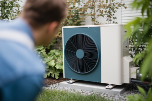 personne-dos-pompe-a-chaleur-jardin