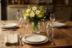 table-bois-rustique-vaisselle-fleurs