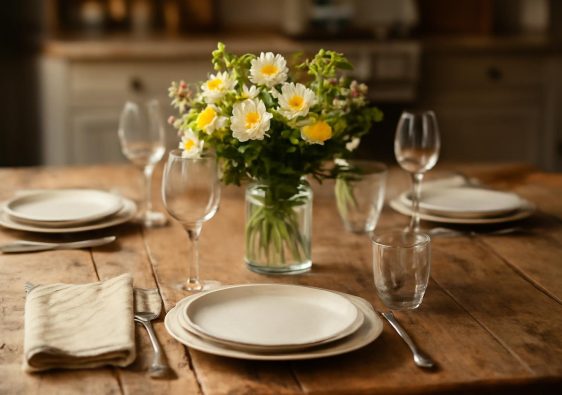 table-bois-rustique-vaisselle-fleurs