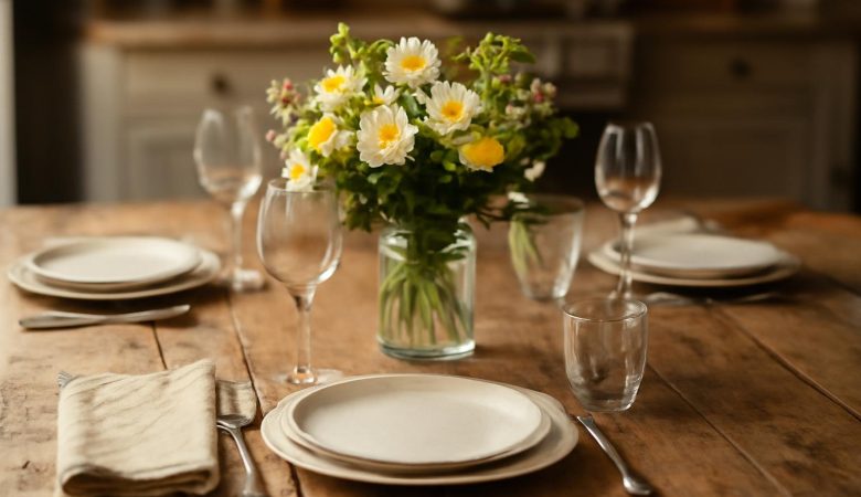 table-bois-rustique-vaisselle-fleurs