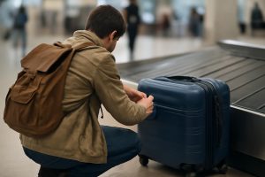 voyageur-genoux-tapis-bagages-serrure-suitcase