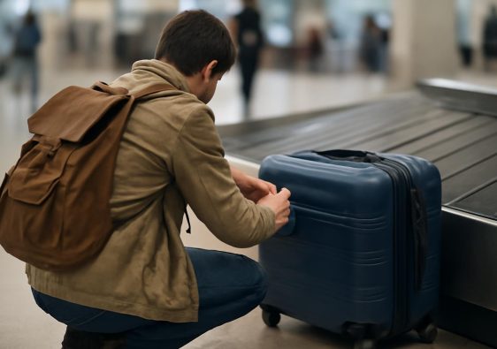 voyageur-genoux-tapis-bagages-serrure-suitcase