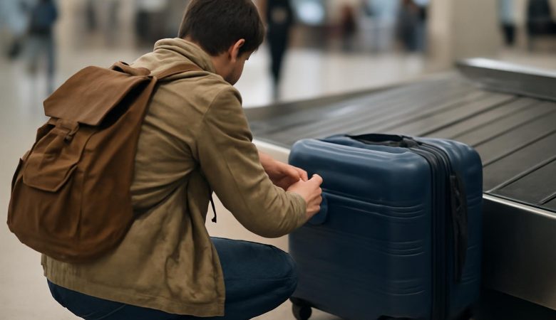 voyageur-genoux-tapis-bagages-serrure-suitcase