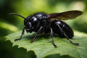 frelon-noir-feuille-verte-flou