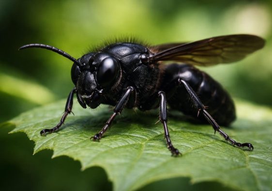 frelon-noir-feuille-verte-flou