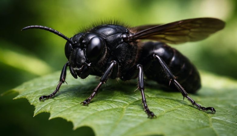 frelon-noir-feuille-verte-flou