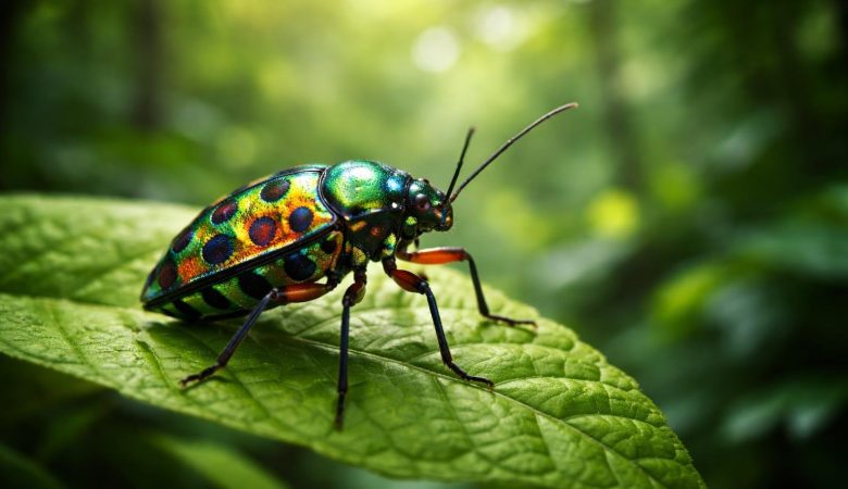 insecte-colore-feuille-foret-flou