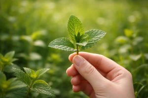 main-feuille-menthe-champ-verdoyant