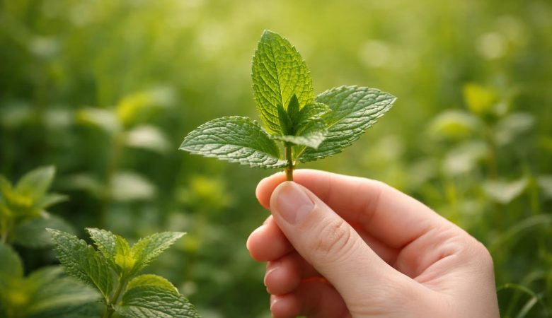 main-feuille-menthe-champ-verdoyant