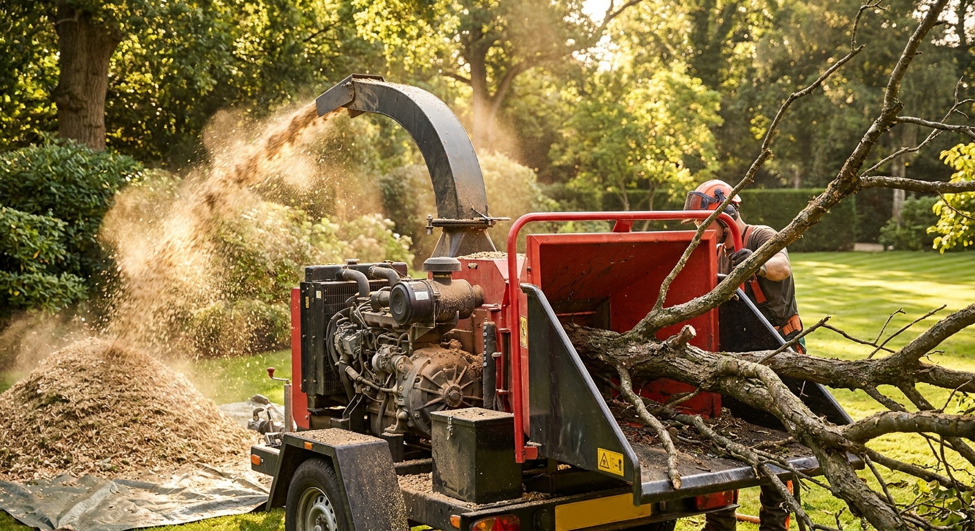 broyeur de végétaux thermique professionnel en train de broyer des branches dans un jardin