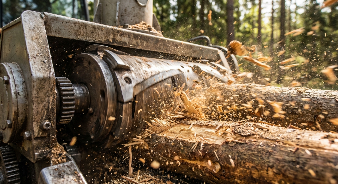zoom sur le système de rotor d'un broyeur de végétaux avec branches en cours de broyage