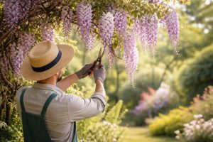 jardinier-glycine-fleurs-violettes-jardin