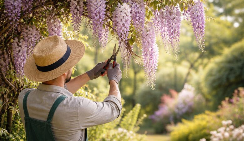 jardinier-glycine-fleurs-violettes-jardin