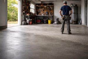 garage-vide-sol-beton-travailleur-outils