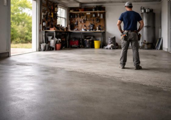garage-vide-sol-beton-travailleur-outils