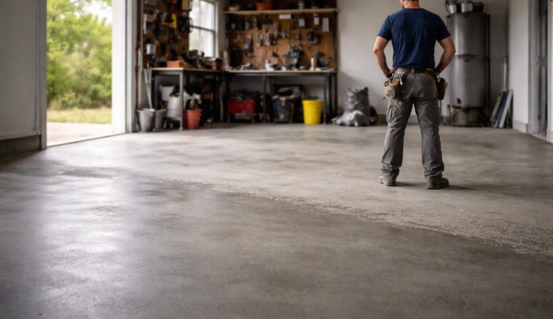 garage-vide-sol-beton-travailleur-outils